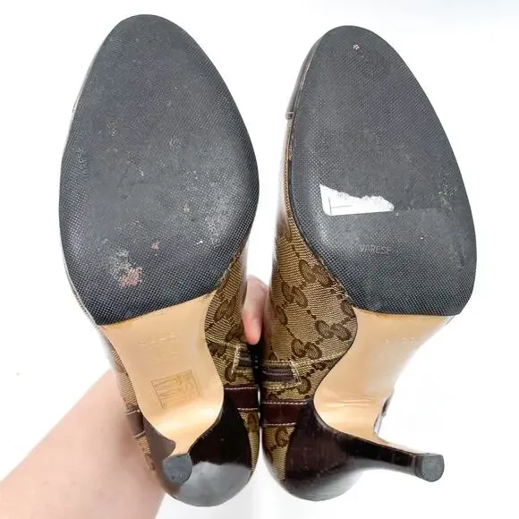 Gucci GG Booties Brown Monogram Patent Stiletto Gold Bow Cap Toe Sz 36 / 6